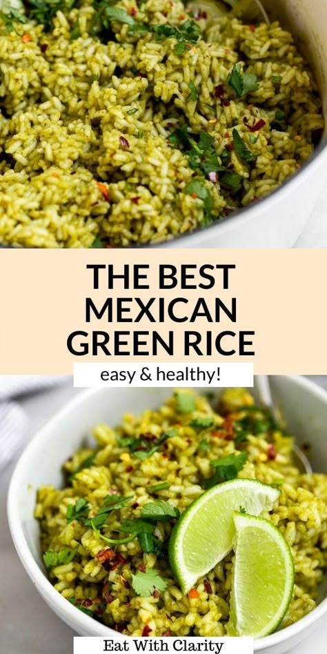 This Mexican green rice recipe is a simple one pot dish that's perfect for tacos, burritos, buddha bowls and more. This vegan green rice recipe is flavorful with fresh herbs and even freezer friendly. #greenrice #rice Green Rice Recipe, Grain Dishes, Rice Side Dish Recipes, Mexican Rice Recipes, Vegetarian Chicken, Green Rice, Rice Side, Tacos Burritos, Vegetarian Foods