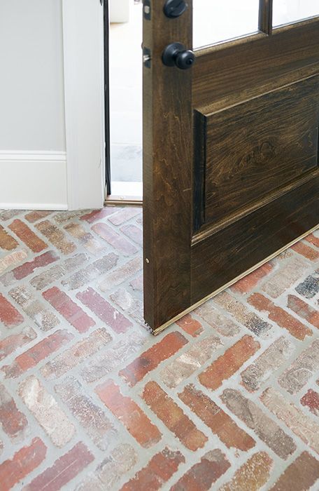 Pretty Flooring, Brick Floor Kitchen, Herringbone Brick, Brick Floors, Brick Floor, Country Vibe, Antique Brick, Garage Entry, Reclaimed Brick