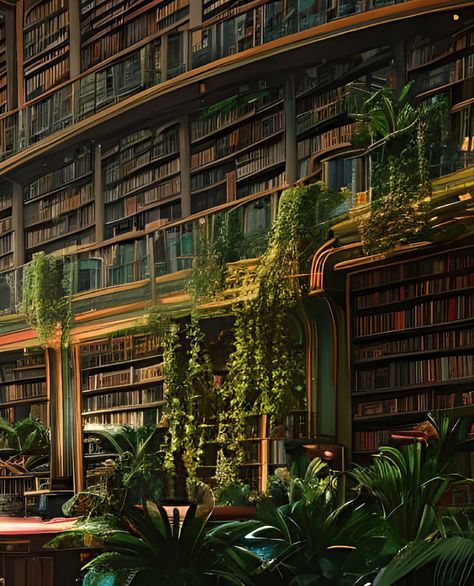 Dreamscape Library, Fantasy Study Room, Library With Plants, Magical School Aesthetic, Eco Library, Sims Library, Little Cottage House, Forest Library, Enchanted Library