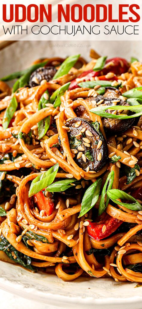 Udon Noodles with Gochujang Sauce and Stir Fried Veggies Stir Fry Udon, Asian Bbq Sauce, Stir Fried Veggies, Caramelized Mushrooms, Udon Noodles Recipe, Udon Recipe, Fried Veggies, Vegetarian Stir Fry, Gochujang Sauce