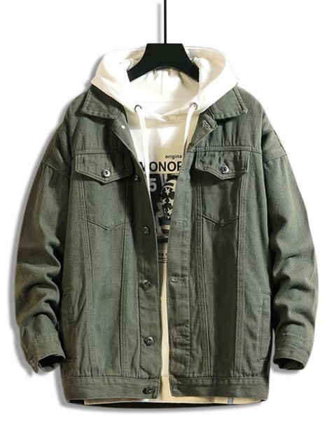 Solid Color Button Up Leisure Jacket - Camouflage Green Xs #mensfashion #mensclothing #clothes #outwear #jacket #coat Green Clothes Men, Green Clothing Aesthetic, Casual Clothes Men, Red Jacket Men, Winter Coats For Men, Green Jacket Men, Mens Outwear, Casual Denim Jacket, Green Clothing