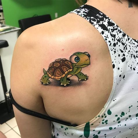 Vintage Disney Cartoon, Colored Turtle Tattoo, Box Turtle Tattoo, Cartoon Turtle Tattoo, Turtle Tattoo Cartoon, Turtle Tattoo With Color, New School Turtle Tattoo, Turtle Tattoos For Women, Small Sea Turtle Tattoo Color