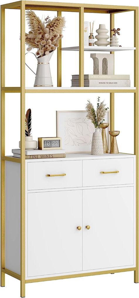 Shelves With Drawers, White Gold Office, Gold Bookcase, Gold Bookshelf, Shelves For Home Office, Tall Bookshelf, Bookshelf Modern, Chic Office Decor, Gold Shelves