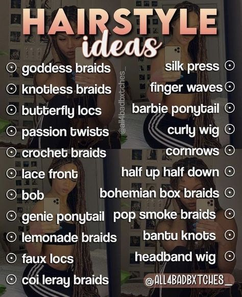 Hair Braid Names, Braids Names Hairstyles, Hair Inspiration Black Women Braids, Blaxk Girl Hairstyles Braids, Crochet Braid Curly Hairstyles, Different Types Of Braids For Black Hair Protective Styles, Hair Tips Black Women, Different Types Of Braids Black Women, Different Protective Hairstyles