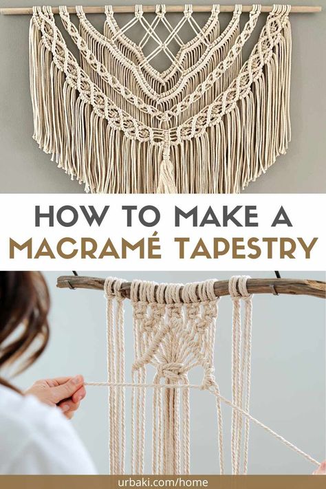 Macramé is an art form that involves knotting cords or strings in various patterns to create beautiful, intricate designs. Macramé tapestries have become increasingly popular as a decorative item in homes, adding a bohemian and vintage touch to any space. In this DIY guide, we will walk you through the steps to make your own macramé tapestry. Materials Needed To make a macramé tapestry, you will need the following materials: -A wooden dowel or metal ring to use as the base of the tapestry... Tapestry Macrame Patterns, Rope Tapestry Diy, Macrame Tapestry Tutorials, Vintage Macrame Patterns, Diy Tapestry, Pola Macrame, Simple Geometric Designs, Macrame Tapestry, Diy Macrame