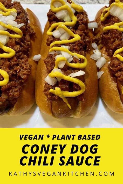 Vegan Chili Sauce, Vegan Chili Dog Sauce, Vegan Chili Dogs, Vegan Coney Dog, Vegan Chili Cheese Dogs, Vegan Hot Dog Chili, Vegan Chili For Hotdogs, Heart Snacks, Vegan Hot Dog Toppings