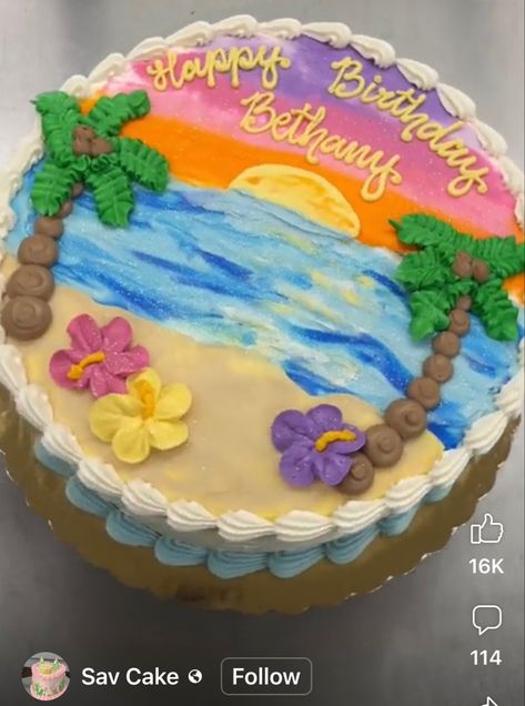 Beachy Birthday Cake Ideas, Hawaiian Cookie Cake, Palm Tree Birthday Cake, Hawaiian Decorated Cake, Beach Party Birthday Ideas, Tropical Birthday Cake Ideas, Beach Birthday Party Cake, Birthday Cakes Summer, Coconut Girl Party