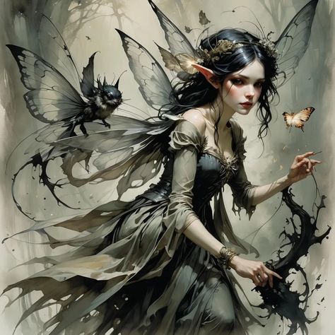 Explore AI Generated Art - NightCafe Creator Fairy Warlock, Fae People, Dark Faerie, Evil Fairy, Tattoos For Women Flowers, Pixies Fairies, Crows Ravens, Cute Fantasy Creatures, Fairies Elves