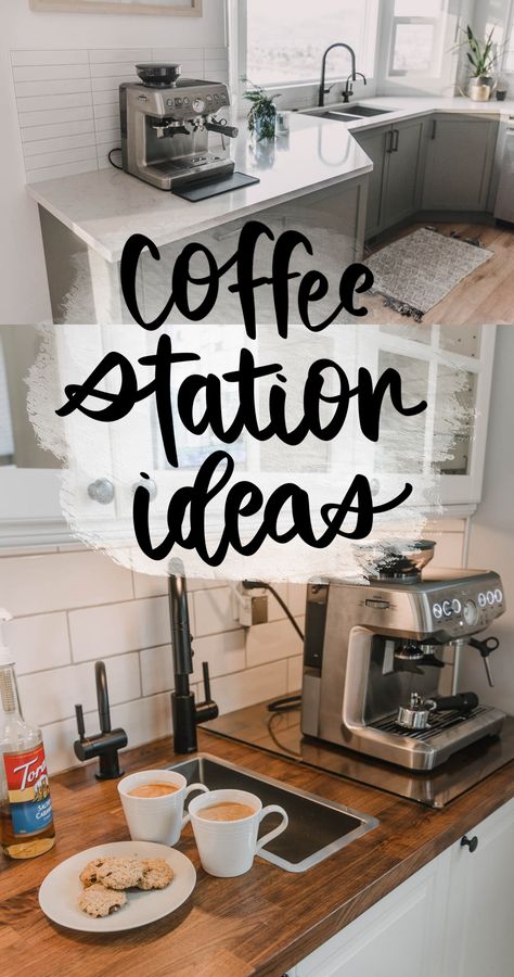 Coffee Bar With Water Dispenser, At Home Coffee Bar, Home Coffee Bar Ideas, Organized Coffee Station, Espresso Machine Kitchen, Cafe Chalkboard, At Home Coffee, Coffee Station Ideas, Coffee Machine Kitchen