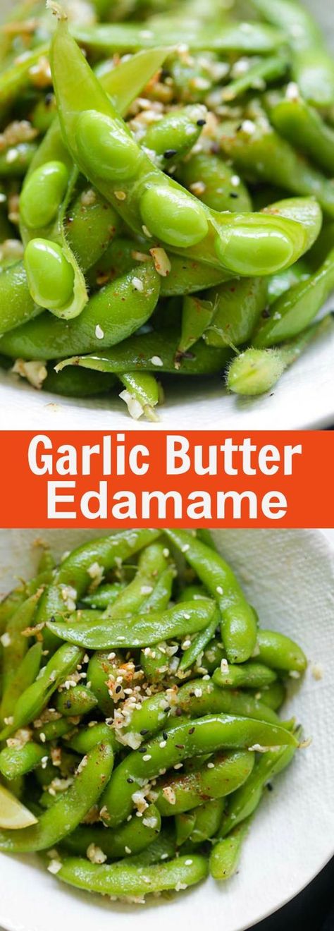 Garlic Butter Edamame – healthy edamame coated with garlicky and buttery goodness. The easiest appetizer you can whip up in 10 mins | rasamalaysia.com Garlic Butter Edamame, Edamame Side Dish Recipes, How To Eat Edamame, Easy Edamame Recipes, Fresh Edamame Recipes, Steamed Edamame Recipes, Edame Beans Recipes, Shelled Edamame Recipes, Garlic Edamame Recipe