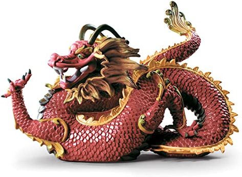 Majestic Dragon, Dragon Rouge, Lladro Porcelain, Lladro Figurines, Dragon Sculpture, Being Present, Dragon Figurines, Metallic Luster, Red Dragon