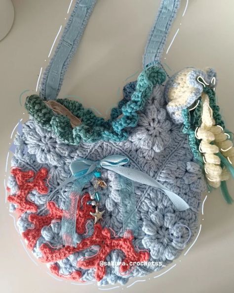 Crochet Ocean Bag, Ocean Themed Crochet, Bag With Buttons, Ocean Crochet, Crochet Ocean, Jellyfish Keychain, Ocean Bag, Coral Crochet, Crocheted Jellyfish