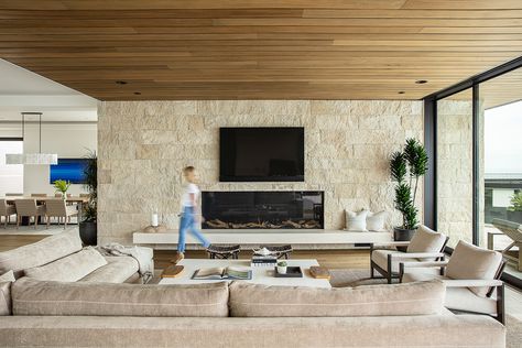 Perham II | Brandon Architects Texas Limestone, Wall In The Living Room, Brandon Architects, Modern Coastal Home, Limestone Wall, Newport Beach California, California Living, Living Room Decor Fireplace, Coastal Modern