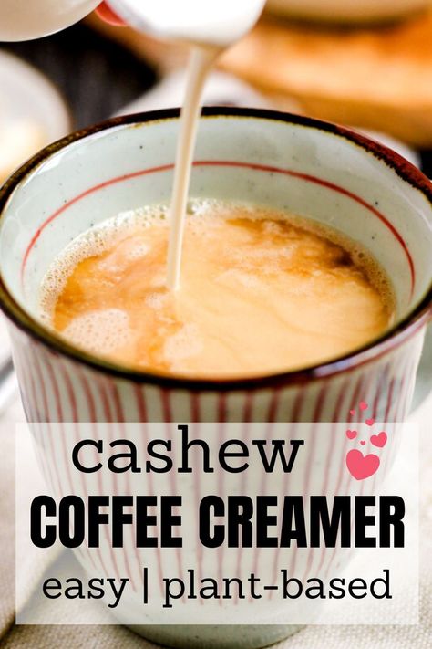 cashew coffee creamer being poured into a mug of coffee. Cashew Coffee Creamer Homemade, Cashew Creamer Coffee, Vegan Creamer For Coffee, Plant Based Creamer, Cashew Coffee Creamer, Plant Based Coffee Creamer, Cashew Creamer, Cashew Milk Recipe, Vegan Coffee Creamer