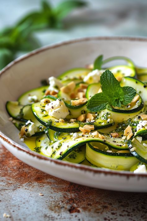 "Experience the Mediterranean: Zucchini Ribbon Salad with Almond Feta and Mint Pesto Recipe" #mediterraneandiet Mediterranean Side Dishes, Vegetarian Mediterranean Recipes, Summer Tapas, Mint Pesto Recipe, Mediterranean Zucchini, Zucchini Ribbon Salad, Mediterranean Salads, Ribbon Salad, Mint Pesto