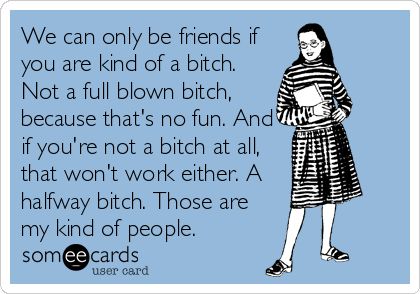 We can only be friends if you are kind of a bitch. Not a full blown bitch, because that's no fun. And if you're not a bitch at all, that won't work either. A halfway bitch. Those are my kind of people. What I Like About You, Funny Friendship, E Card, Ecards Funny, Someecards, Kinds Of People, Be Kind To Yourself, You Smile, Bones Funny