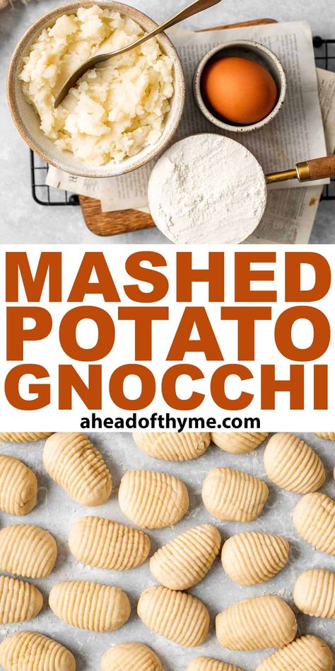 After Thanksgiving dinner, give your leftover potatoes new life by turning them into the most delicious homemade gnocchi! Once you realize how easy it is to make leftover mashed potato gnocchi from scratch, you'll want to make these little dumplings way more often! Although we're all about eating our leftovers, sometimes you need to change things up. | aheadofthyme.com #mashedpotatognocchi #homemadegnocchi #potatognocchi #leftovermashedpotatoes via @aheadofthyme Gnocchi From Mashed Potatoes, Leftover Mashed Potatoes Gnocchi, Leftover Mash Potato Gnocchi, Leftover Mashed Potato Gnocchi Recipes, Mashed Potato Gnocchi Recipes, Leftover Mashed Potato Gnocchi, How To Make Potato Gnocchi, Gnocchi From Leftover Mashed Potatoes, Homemade Gnocchi Easy