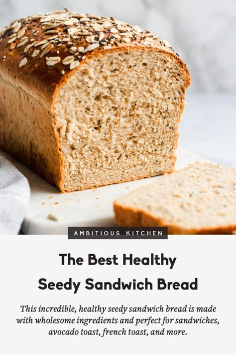 This homemade healthy sandwich bread recipe is soft and made with healthy ingredients like whole wheat flour, sunflower seeds, poppyseeds, sesame seeds, oats, flaxseed and just a touch of honey. You’ll love making this for healthy sandwiches, avocado toast, french toast and so much more! THIS IS THE BEST HOMEMADE BREAD EVER! #homemadebread #breadrecipe #healthybread #sandwichbread Healthy Sandwich Bread, Healthy Sandwich Bread Recipe, Best Homemade Bread, Homemade Sandwich Bread, Sandwich Bread Recipe, Healthy Sandwich, Homemade Baked Bread, Croissant Sandwich, Flours Banana Bread