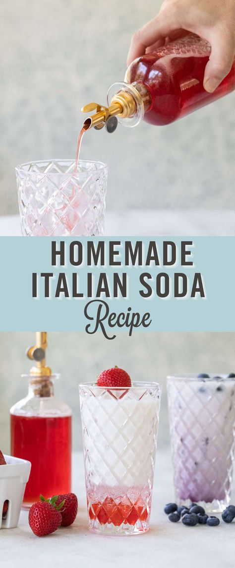 Italian Sodas are a favorite summer drink! They are a classic drink that’s easy to make with 3 ingredients. Learn the easiest way to make an Italian soda and how to customize them! You can tailor it to your taste and use your preferred flavors! Homemade Italian Soda, Italian Soda Recipe, Italian Sodas, Italian Cream Soda, Soda Flavors, Homemade Soda, Italian Soda, Soda Recipe, Strawberry Syrup