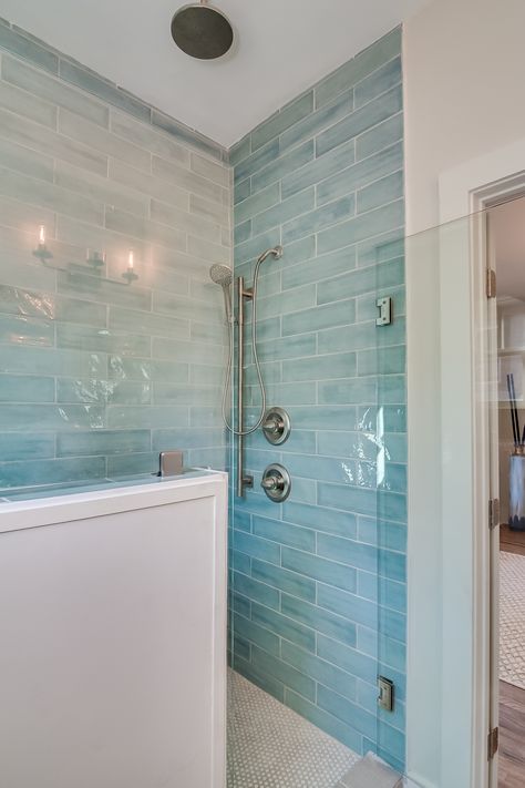 DREAMY shower tile Shower Tile Design Ideas, Shower Tile Design, Blue Shower Tile, Tile Design Ideas, Beach House Bathroom, Flip Or Flop, House Bathrooms, Bathroom Redesign, Master Bath Remodel