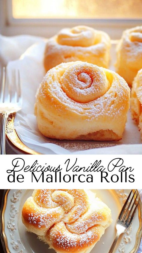 These Vanilla Pan de Mallorca Rolls are sweet, soft, and lightly flavored with vanilla, making them perfect for fall mornings or dessert. Serve with powdered sugar for a cozy, delightful treat! Vanilla Cream Rolls Recipe, Vanilla Sugar Recipe, Yeast Desserts, Vanilla Dessert Recipes, Sweet Rolls Recipe, Learn To Bake, Vanilla Desserts, Brunch Spread, Dessert Platter