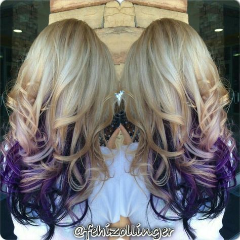 Love that purple sneaking put from.under the blonde Blonde And Purple Hair, Pravana Purple, Bleaching Black Hair, Blonde And Purple, Underlights Hair, Hair Extensions Before And After, Black Hair Extensions, Peinados Recogidos, Hair Color Purple