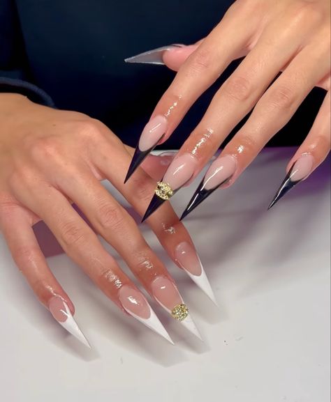 Stilleto Nails Gems, Long Black Nails Stilettos, Gold Stilleto Nails Designs, Gold Stilletos Nails, White And Gold Stiletto Nails, Black And Gold Nails Acrylic Stilettos, Mobile Nail Technician, Acrylic Nails Stiletto, Mobile Nails