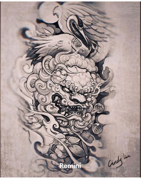 Tato Geisha, Japanese Foo Dog, Foo Dog Tattoo Design, Samurai Tattoo Sleeve, Japanese Back Tattoo, Foo Dog Tattoo, Japanese Flower Tattoo, Black Tattoo Cover Up, Samurai Tattoo Design