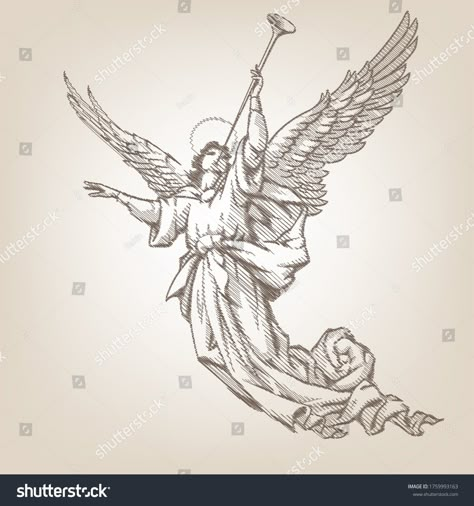 Angel With Trumpet Drawing, Angel Playing Harp Tattoo, Angel Blowing Trumpet Tattoo, Angel With Trumpet Tattoo, Angel With Harp Tattoo, Angel Flying Drawing, Flying Angel Drawing, Angel Drawing Tattoo, Angel Trumpet Tattoo