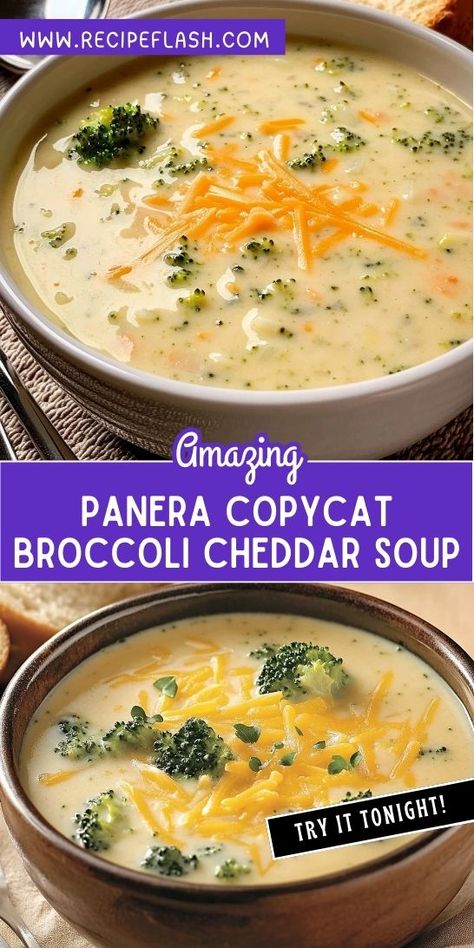 Want to recreate the magic of Panera's Broccoli Cheddar Soup at home? This simple copycat recipe makes it easy to enjoy a rich, cheesy bowl of goodness anytime! Don't forget to save it for your next soup night! Copycat Broccoli Cheddar Soup, Broccoli Cheese Soup Panera, Easy Broccoli Cheddar Soup, Soup Night, Panera Recipes, Panera Copycat, Cheesy Broccoli Soup, Cheddar Soup Recipe, Broccoli Cheddar Soup Recipe