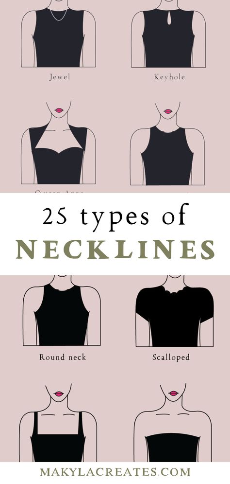 What are the different types of necklines, and what do you need to know about them? Here are 25 popular types of necklines you should know to feel confident in your clothing. Neck Shapes For Dress, Necklines For Tops, Women Neckline Designs, Types Of Necklines For Women, Types Of Necklines Blouses, How To Draw Details On Clothes, Types Of Necklines Illustration, Different Necklines Blouses, Different Types Of Collars For Women