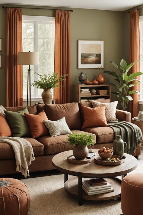 21 Brown Sofa Living Room Ideas – The Dear Lab Brown Sofa Styling, Brown Green Living Room Ideas, Green Brown Interior, Orange Couch Living Room, Brown Sofa Living Room Ideas, Burnt Orange Living Room, Sofa Living Room Ideas, Brown Leather Couch Living Room, Tan Living Room