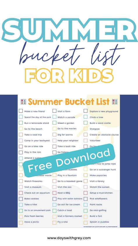 Looking for a summer bucket list for kids? This is the ultimate summer bucket list! Help your kids accomplish goals, make memories, and look for new things to try during summer break. Boost confidence, inspire play, and spend time outside doing simple summer activities like setting up a lemonade stand, spending the day at the park, or making s’mores. Download this FREE printable summer bucket list that is full of 60 ideas that offer fun summer activities for kids and the entire family! Summer I’m Bored List, Summer Bored List, Free Summer Activities For Kids At Home, Kids Summer Bucket List Free Printable, Summer To Do List For Kids, Summer Bucket List For Kids, Summer Fun Ideas, Bored List, Printable Diy Crafts