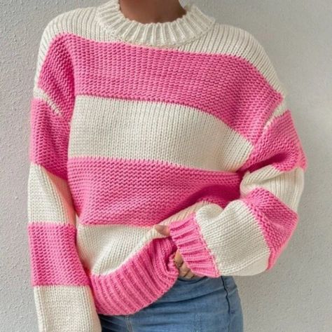 Moda Me Couture Sweaters | Pink/Cream Striped Colorblock Sweater Top | Color: Pink | Size: Various Shabby Chic Party, Winter Knitwear, Party Trends, Cream Knit Sweater, Red Bridesmaid Dresses, Coachella Outfit, Soft Cardigan, Drop Shoulder Sweaters, Open Knit Sweater