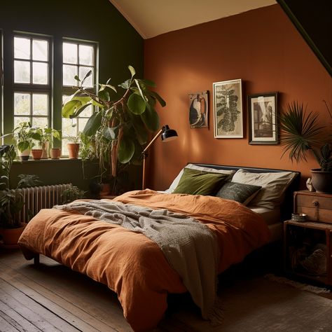 20 Black And Rust Bedroom Ideas - HearthandPetals Rust Bedroom, Terracotta Bedroom, Terracotta Walls, Eclectic Decor Bedroom, Plants Vintage, Interior Design Per La Casa, Bedroom Orange, Bed Design Modern, Brown Bedroom