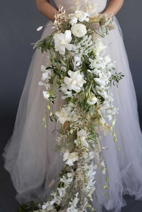 Petite Cascading Bouquet, Fae Wedding Bouquet, Overflowing Bridal Bouquet, Long Bride Bouquet, Cascade Wedding Bouquet White, Cascading Wedding Bouquets Greenery, Orchid Floral Arrangements Wedding Ideas, Waterfall Bouquet Wedding Blue, Fairytale Bouquet Wedding