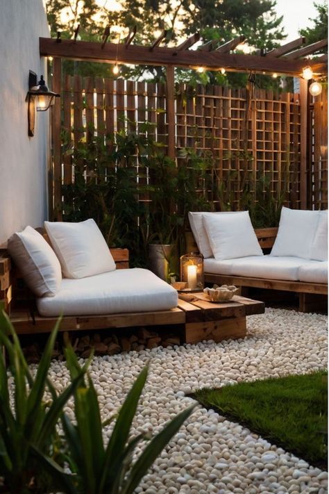 Chic small backyard design with rattan furniture and string lights. Modern Backyard String Lights, Patiostring Lights, String Lights Rectangle Patio, Backyard Lights Aesthetic, Backyard String Lights Walmart, Rattan Patio Furniture, Mini Pool, Cozy Backyard, Small Backyard