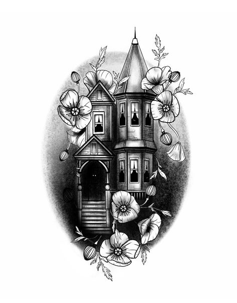 A digital tattoo design of a spooky Victorian house. More art on ig @artbycherilyn Big Spooky Tattoos, Goth Victorian Tattoo, Halloween House Tattoo, Victorian Home Tattoo, Book Aesthetic Tattoo, Gothic House Tattoo, Spooky House Tattoo, Haunted House Tattoo Design, Gothic Victorian Tattoo