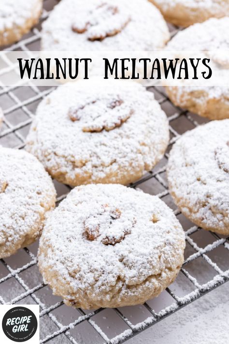 Walnut Meltaways recipe from RecipeGirl.com #walnut #meltaways #cookies #recipe #RecipeGirl Italian Walnut Pillow Cookies, Easy Walnut Cookie Recipes, Walnut Christmas Cookies, Walnut Cookies Christmas, Meltaways Cookies, Walnut Shortbread Cookies, Cookies Walnut, Walnut Cookies Recipe, Cookies With Walnuts