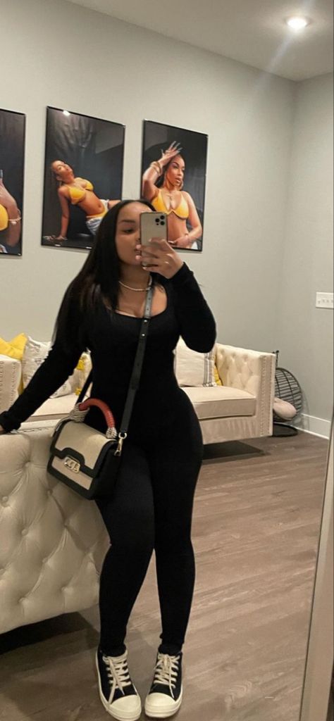 Black Bodysuit Outfit Baddie, Jumpsuit Outfit Black Women Sneakers, Jumpsuit Outfit Sneakers, One Piece Outfits Black Women, Bodycon Jumpsuit Outfit With Sneakers, How To Style Black Jumpsuit, Black Cargo Pants Outfit Baddie, Black Bodysuit Outfit Ideas, Legging Jumpsuit Outfit