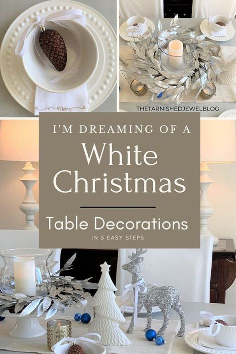 All White Christmas Table Setting, White Christmas Table Decorations Ideas, White Christmas Dining Table Decor, White Christmas Table Decorations, White And Silver Christmas Table, White Christmas Table Decor, White Christmas Tablescapes, White Christmas Table Setting, Organized Christmas Decorations