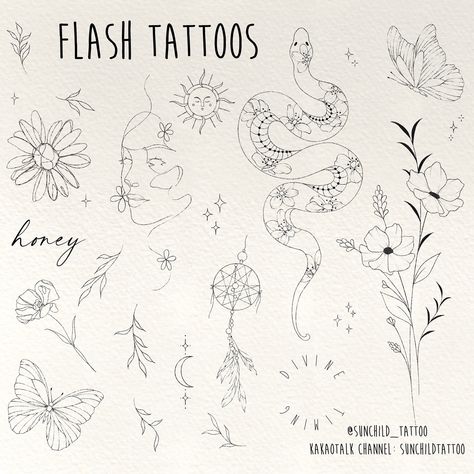 Classy Patchwork Tattoo, Floral Tattoo Flash Sheet, Tiny Flash Tattoo Sheet, Flash Design Tattoo, Unique Fineline Tattoo, Small Tattoos Patchwork, Cute Line Work Tattoos, Patchwork Flash Sheet, Sunchild Tattoo