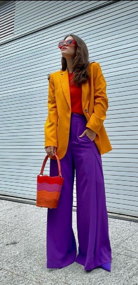 Orange Blazer Outfits, Color Block Outfits, Contrast Outfit, Bright Outfit, Vibrant Outfits, Color Combos Outfit, Color Blocking Outfits, Color Combinations For Clothes, Colorful Outfits