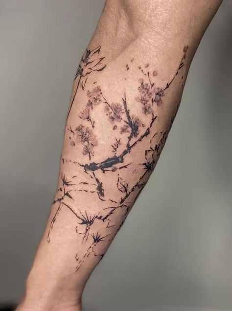 Stylish and Unique Cherry Blossom Tattoo Design For The Arms Aesthetic Sleeve Tattoo Men, Tattoo Designs Patchwork, Simple Full Arm Tattoo, Cherry Blossom Men’s Tattoo, Arm Flower Tattoo Men, Cherry Blossom Tree Tattoo Men, Branch Tattoo Men, Handtattoo Ideas, Red Ink Tattoos Men