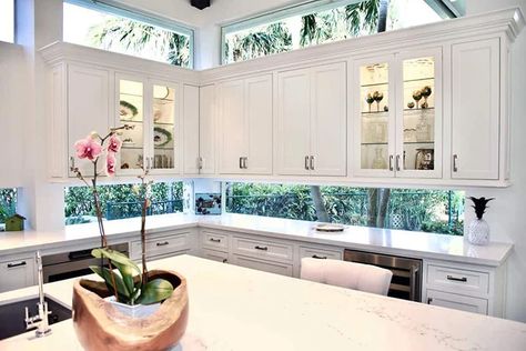 Window Backsplash, Decorating Above Kitchen Cabinets Ideas, Modern Kitchen Window, Decorating Above Kitchen Cabinets, White Farmhouse Sink, Above Kitchen Cabinets, Floating Cabinets, Kitchen Cabinets Decor, Design Your Kitchen