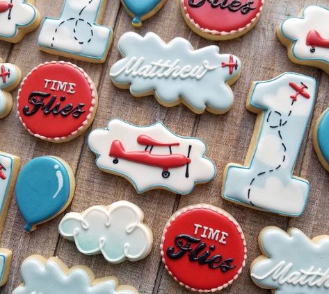 Airplane Cookies, Time Flies Birthday, Train Cookies, Planes Birthday Party, First Birthday Cookies, Planes Birthday, First Birthday Posters, Boys First Birthday Party Ideas, Boys 1st Birthday Party Ideas