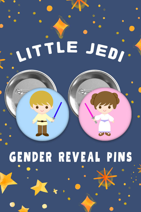 Super cute little Jedi themed gender reveal party favor pins Star Wars Lightsaber Gender Reveal, Star Wars Themed Gender Reveal, Jedi Gender Reveal, Star Wars Gender Reveal, Gender Reveal Pins, Pink And Blue Background, Themed Gender Reveal, Gender Reveal Party Favors, Boy Gender Reveal