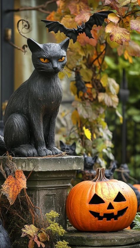 Infuse your outdoor space with vintage Halloween charm using these nostalgic decorations. Display a collection of antique-inspired jack-o-lanterns with flickering battery-operated candles. Hang retro Halloween bunting across your porch. Position old wooden ladders throughout your yard, draping them with classic white sheet ghosts. Create a vignette with vintage suitcases, old books, and a stuffed black cat. These outdoor Halloween decorations capture the whimsical spirit of Halloweens past. Vintage Halloween Decorations Outdoor, Stuffed Black Cat, Sheet Ghosts, Wooden Ladders, Old Wooden Ladders, Outdoor Halloween Decorations, Halloween Bunting, Amazing Pumpkin Carving, Pumpkin Carving Designs