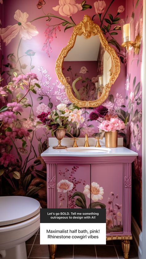 maximalist pink half bath Maximalist Powder Room, Funky Bathroom Ideas, Bathroom Tile Design Ideas, Maximalist Bathroom, Small Half Bathroom, Modern Tile Designs, Hollywood Regency Home, Tile Design Ideas, Small Toilet Room