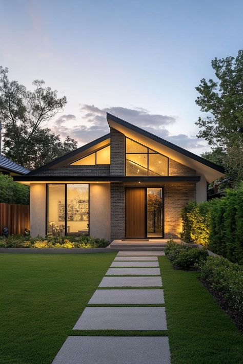 Big Window House Exterior, Flat Roof Bungalow Modern, Modern British House, Modern Bungalow Design, Modern Bungalows, Contemporary Bungalow, British Houses, Modern Bungalow Exterior, Black Window Frames